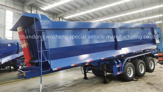 Q345B / T700 Staal hoofdbalk 3 assen Blauwe Hydraulische achterste Dump Semi-trailer voor Wosheng