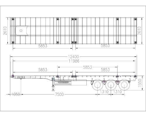 3 assen 60-80ton 20-45ft Flatbed Container Semi-trailer met een maximale lading van 50000kg