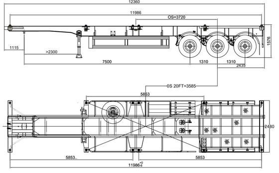 Container aanhangwagen 3 Achsel Skeleton Semi-aanhangwagen chassis met maximale lading van 50 ton