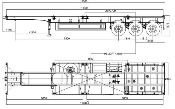 Q345B Hoofdbalk 3 Assen 50t Skeleton Halve aanhangwagen voor 40 45 48 53FT Container Chassis
